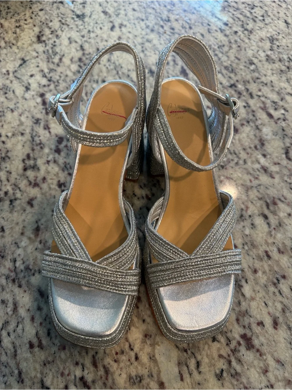 Castañer Valle Metallic Braided Platform Sandals Silver Block Heel NWT sz 8